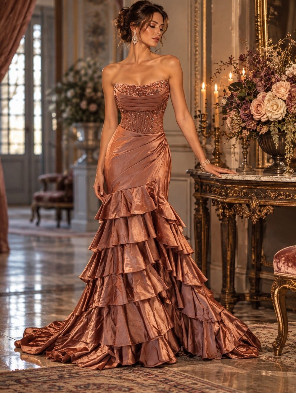 Sherri Hill Rose Copper Gold Beaded Mermaid Dress Gown 8